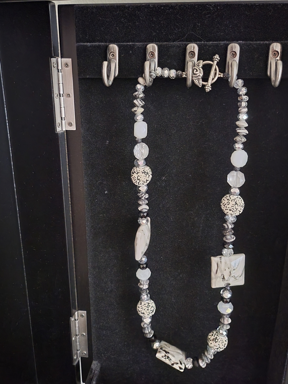 Handcrafted Black and White Beaded Statement Necklace with Toggle Clasp